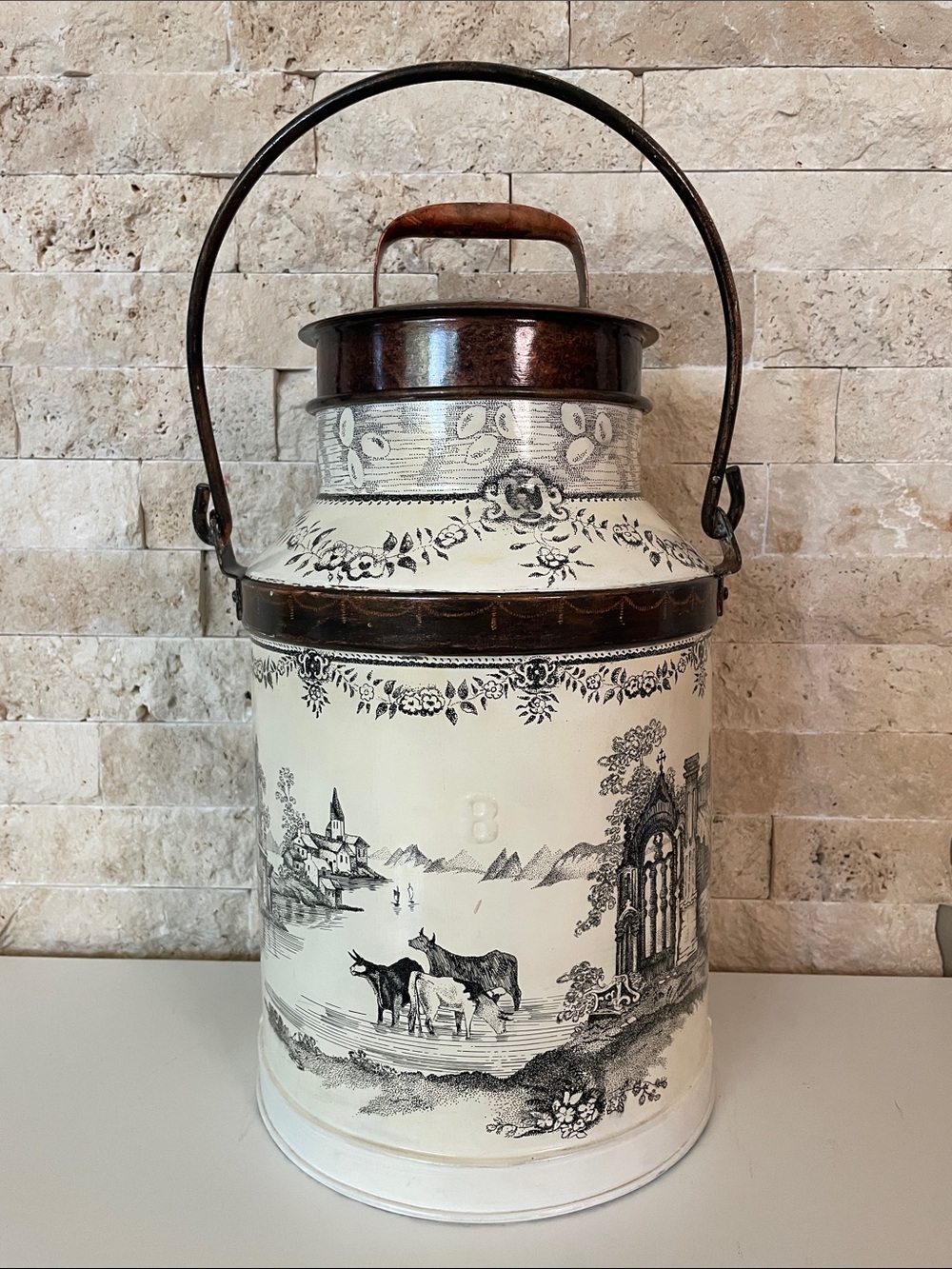 Vintage Cream & Brown Decorative Milk Can with Pastoral Transferware Design